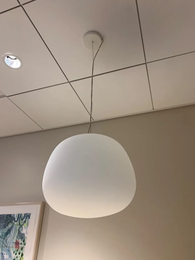 Pendant light installed in a finished office ceiling grid